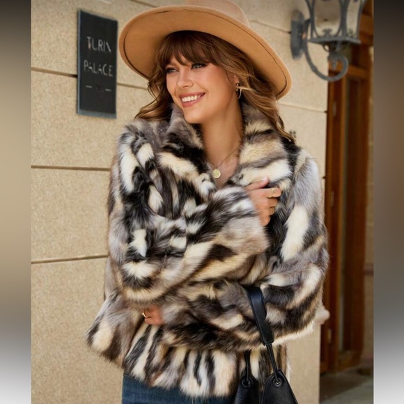 SALE ❤️ Luxury old money faux fur coat variegated spotted jacket brown tan - Picture 6 of 7